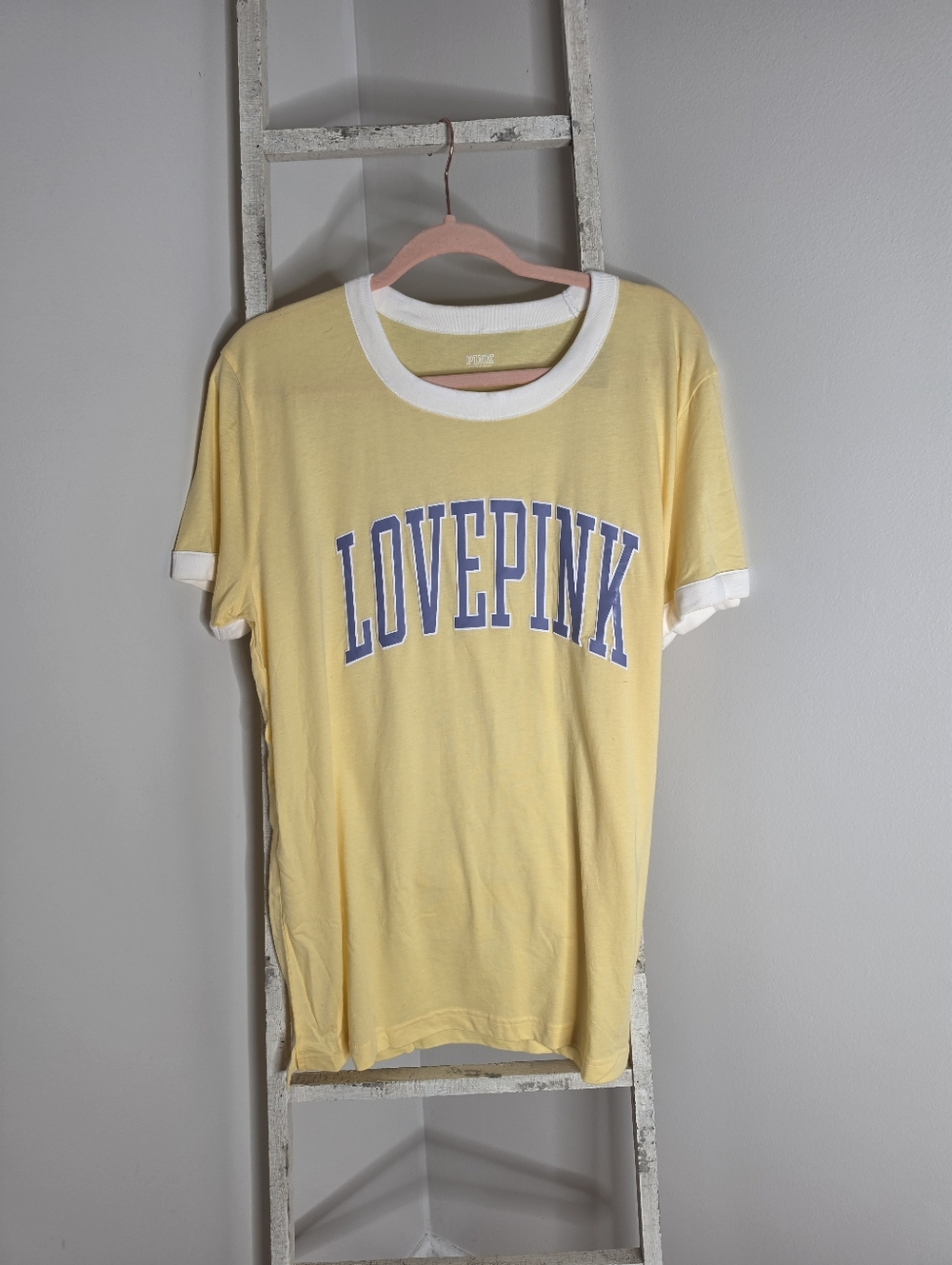 PINK Victoria's Secret NWT Women's Large 100% Cotton Yellow Campus Ringer Tee
